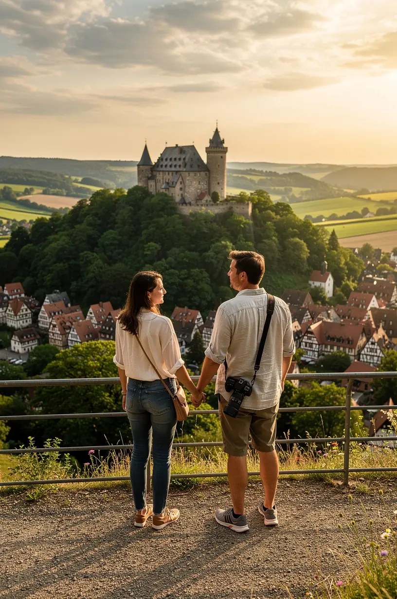 Fotocollage regionaler Attraktionen wie Schlösser, Naturparks und historische Städte in Deutschland.